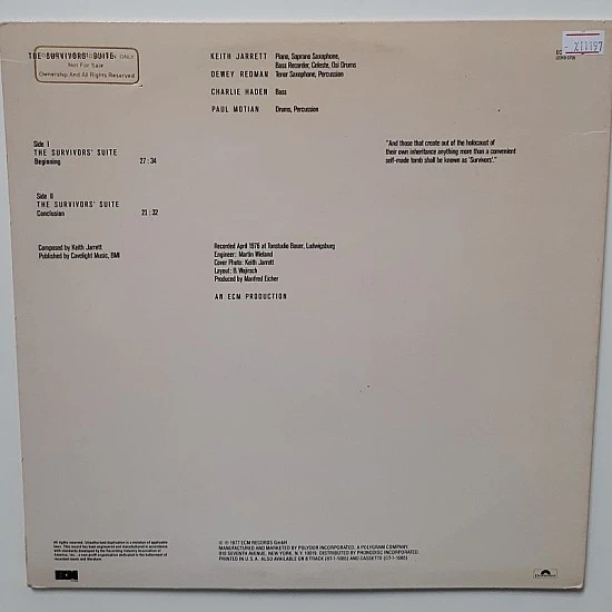 Keith Jarrett ‎– The Survivors' Suite Plak LP * İKİNCİ EL *
