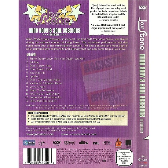 Joss Stone - Mind Body & Soul Sessions In Concert: Live In New York City DVD (PAL)