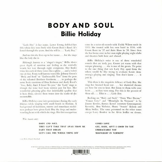 Billie Holiday ‎– Body And Soul Caz Plak LP