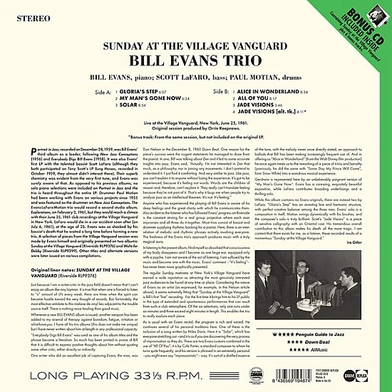 Bill Evans Trio - Sunday At The Village Vanguard Plak  LP + Bonus CD