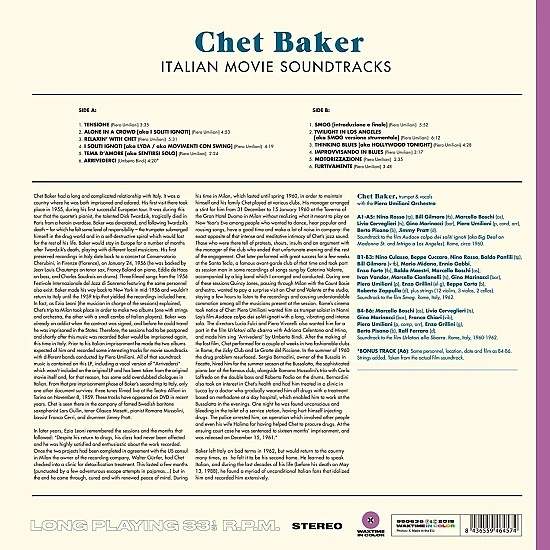 Chet Baker – Italian Movie Soundtracks (Mor Renkli) Plak LP
